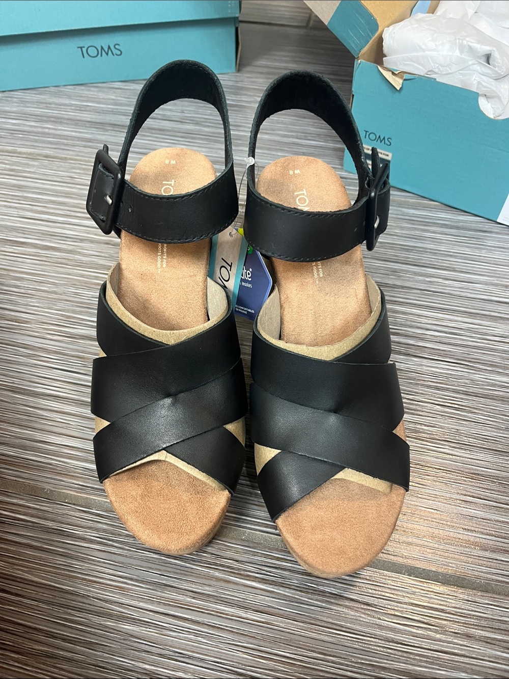 TOMS Black Leather Crisscross Ankle Strap Sandal